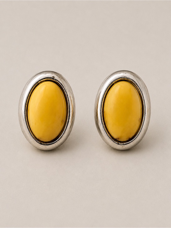 Jewelry - 925 Sterling Silver Yellow Cabochon Oval Stud Earrings